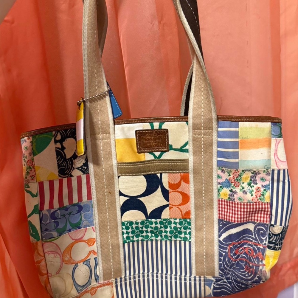 Coach Cream and Blue Tote Bag with Striped Patterns